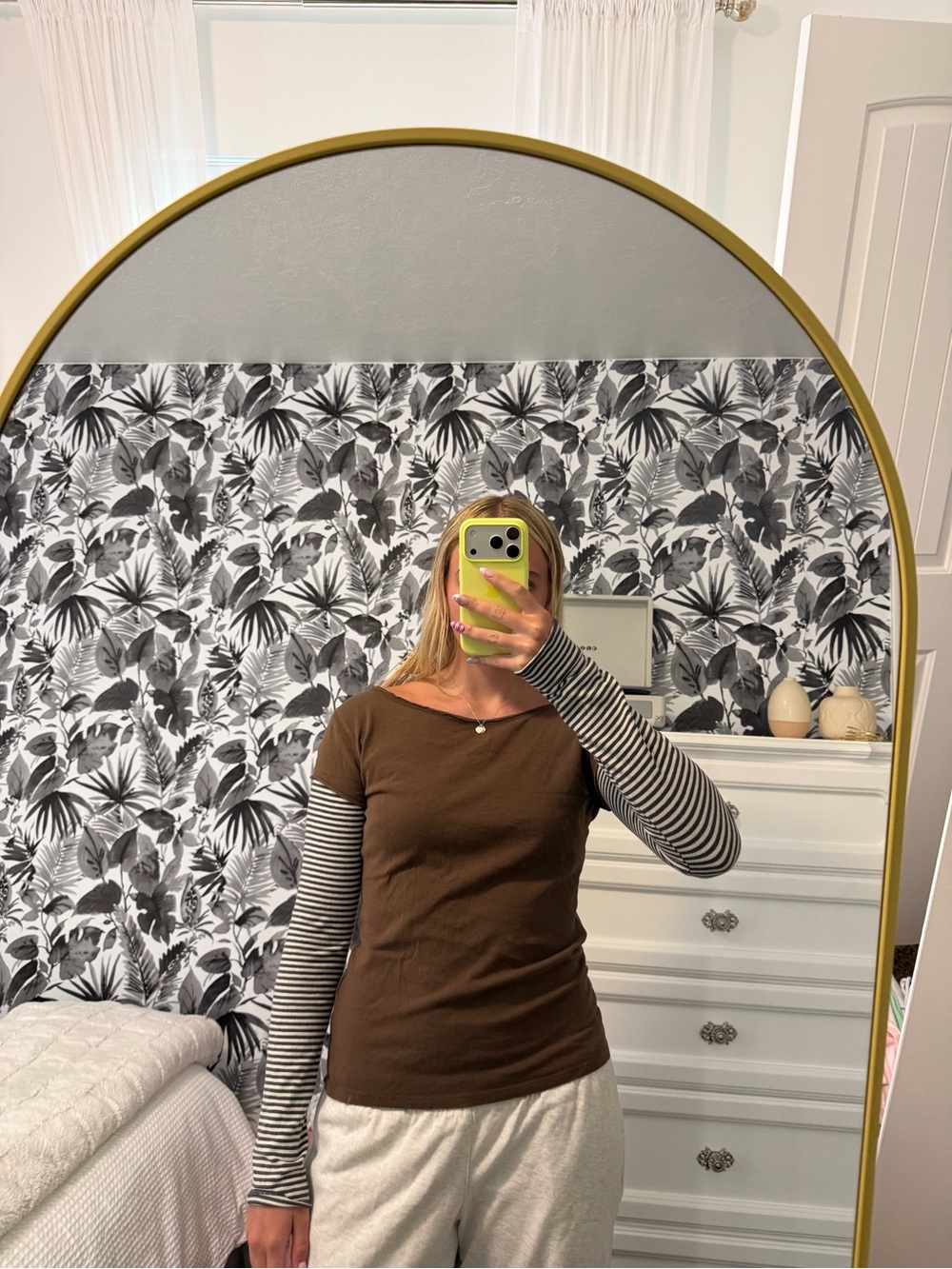 BDG Brown Short-Sleeve Top with Black-and-White Striped Long Sleeves